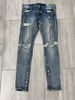 MNML Medium Blue Skinny Jeans Men's 31 Ripped Knees Ankle Zips